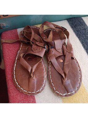 True Vintage Handmade Leather Sandals 9.5 US 40 Mexico Strappy Gladiator Thong